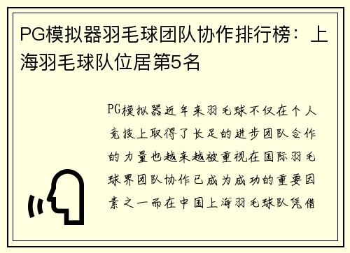 PG模拟器羽毛球团队协作排行榜：上海羽毛球队位居第5名